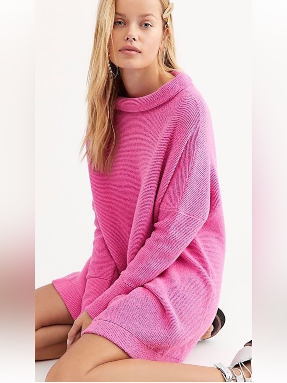 Free People Hot Pink Oversized Cowl Neck Cotton Sweater XL